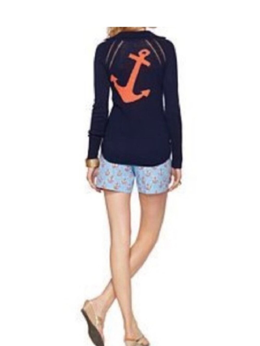 Lilly Pulitzer Cotton Anchor Polo V Neck Sweater Navy Orange SZ-L